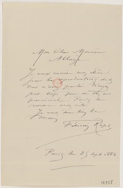 Lettre de Félicien Rops à [Jean] Alboize. Paris, 1884/09/25. Paris, Bibliothèque de l'Institut national d'histoire de l'art, 16958