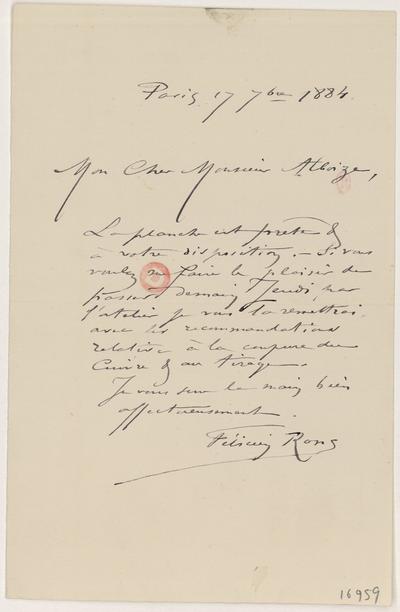 Lettre de Félicien Rops à [Jean] Alboize. Paris, 1884/09/17. Paris, Bibliothèque de l'Institut national d'histoire de l'art, 16959