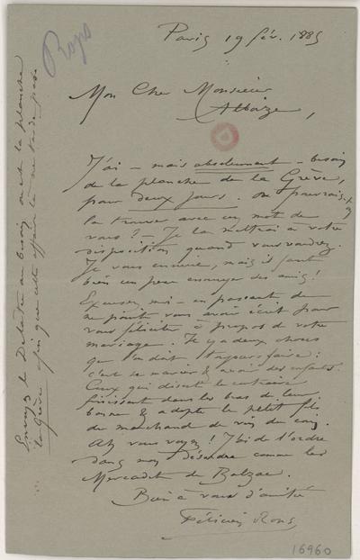 Lettre de Félicien Rops à [Jean] Alboize. Paris, 1885/02/19. Paris, Bibliothèque de l'Institut national d'histoire de l'art, 16960