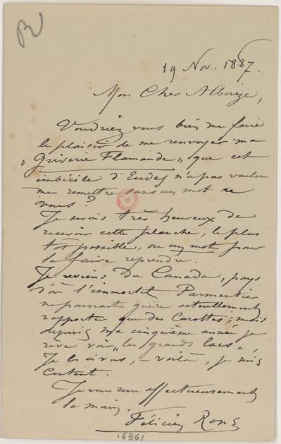 Lettre de Félicien Rops à [Jean] Alboize. s.l., 1887/11/19. Paris, Bibliothèque de l'Institut national d'histoire de l'art, 16961