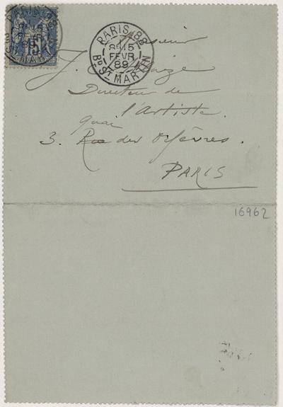 Carte-Lettre de Félicien Rops à [Jean] Alboize. Paris, 1889/02/15. Paris, Bibliothèque de l'Institut national d'histoire de l'art, 16962 et 16963