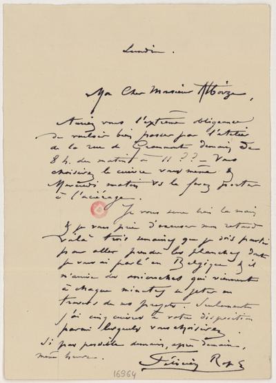 Lettre de Félicien Rops à [Jean] Alboize. s.l., 0000/00/00. Paris, Bibliothèque de l'Institut national d'histoire de l'art, 16964