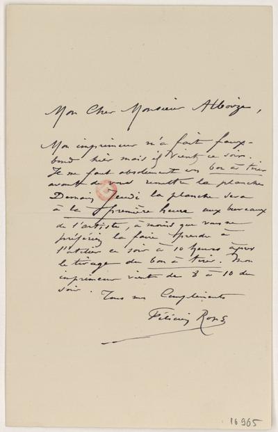 Lettre de Félicien Rops à [Jean] Alboize. s.l., 0000/00/00. Paris, Bibliothèque de l'Institut national d'histoire de l'art, 16965