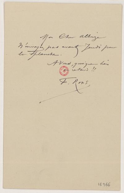 Lettre de Félicien Rops à [Jean] Alboize. s.l., 0000/00/00. Paris, Bibliothèque de l'Institut national d'histoire de l'art, 16966