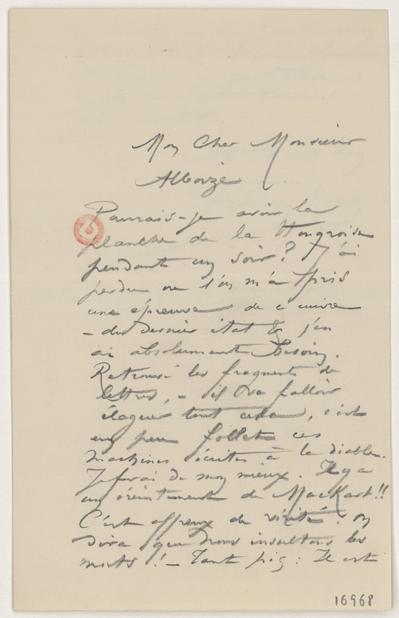 Lettre de Félicien Rops à [Jean] Alboize. s.l., 0000/00/00. Paris, Bibliothèque de l'Institut national d'histoire de l'art, 16968 et 16969
