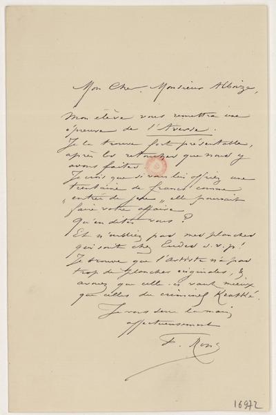 Lettre de Félicien Rops à [Jean] Alboize. s.l., 0000/00/00. Paris, Bibliothèque de l'Institut national d'histoire de l'art, 16972