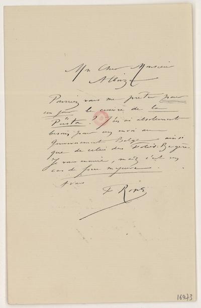 Lettre de Félicien Rops à [Jean] Alboize. s.l., 0000/00/00. Paris, Bibliothèque de l'Institut national d'histoire de l'art, 16973