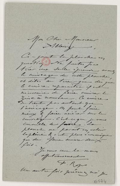 Lettre de Félicien Rops à [Jean] Alboize. s.l., 0000/00/00. Paris, Bibliothèque de l'Institut national d'histoire de l'art, 16974, 16975 et 16976