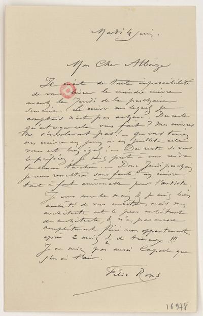 Lettre de Félicien Rops à [Jean] Alboize. s.l., 0000/06/04. Paris, Bibliothèque de l'Institut national d'histoire de l'art, 16978