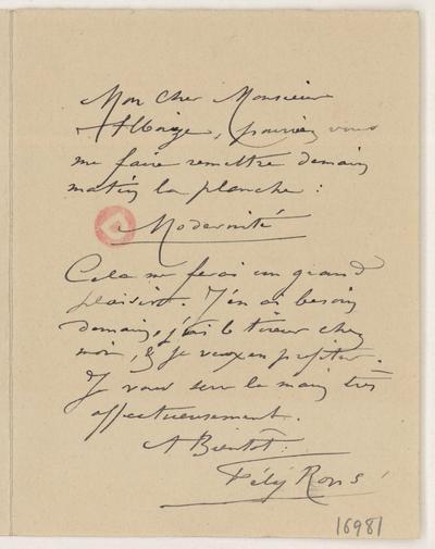 Lettre de Félicien Rops à [Jean] Alboize. s.l., 0000/00/00. Paris, Bibliothèque de l'Institut national d'histoire de l'art, 16981