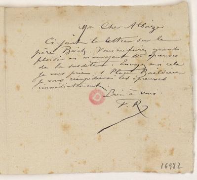 Lettre de Félicien Rops à [Jean] Alboize. s.l., 0000/00/00. Paris, Bibliothèque de l'Institut national d'histoire de l'art, 16982