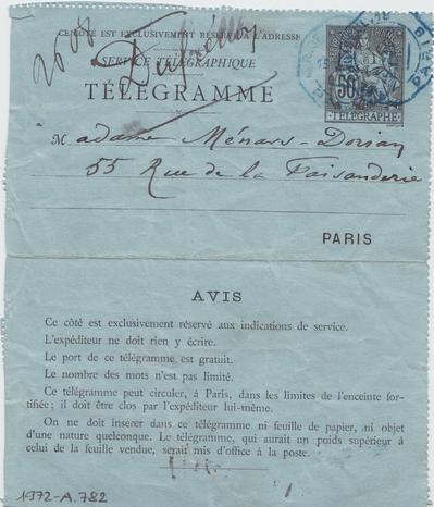 Télégramme de Félicien Rops à [Aline] Ménard-Dorian. [Paris], 1889/06/15. Paris, Fondation Custodia, 1972/A/782