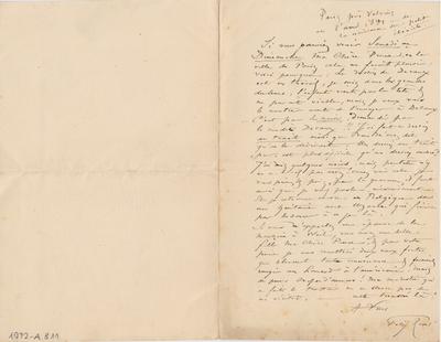Lettre de Félicien Rops à [Alfred] [Prunaire]. Paris, 1881/00/00. Paris, Fondation Custodia, 1972/A/811