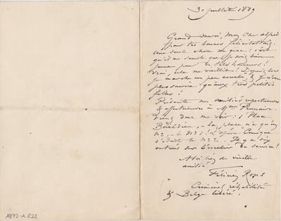 Lettre de Félicien Rops à Alfred [Prunaire]. s.l., 1889/07/30. Paris, Fondation Custodia, 1972/A/822