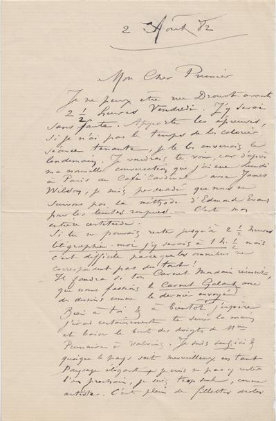 Lettre de Félicien Rops à [Alfred] Prunaire. s.l., 1882/08/02. Paris, Fondation Custodia, 1972/A/828