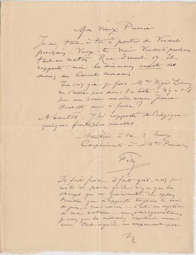 Lettre de Félicien Rops à [Alfred] Prunaire. s.l., 0000/00/00. Paris, Fondation Custodia, 1972/A/829
