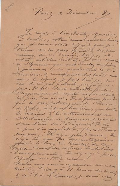 Lettre de Félicien Rops à Boyer d'Agen. Paris, 1887/12/02. Paris, Fondation Custodia, 1972/A/831/2