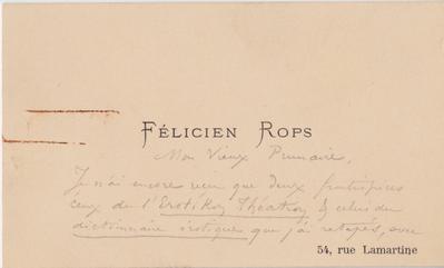 Carte de visite de Félicien Rops à [Alfred] Prunaire. s.l., 0000/00/00. Paris, Fondation Custodia, 1972/A/835