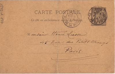 Carte postale de Félicien Rops à Henri Liesse. s.l., 1891/06/05. Paris, Fondation Custodia, 1972/A/837