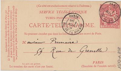 Carte-Télégramme de Félicien Rops à Alfred Prunaire. [Paris], 0000/03/01. Paris, Fondation Custodia, 1972/A/838