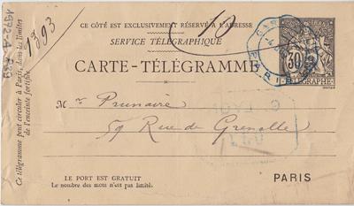 Carte-Télégramme de Félicien Rops à [Alfred] Prunaire. s.l., 1886/12/04. Paris, Fondation Custodia, 1972/A/839