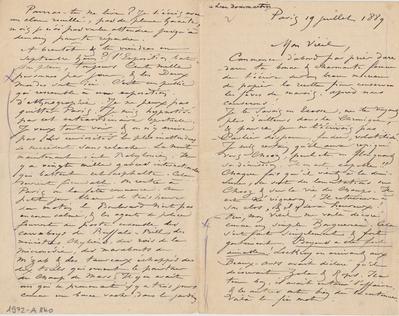Lettre de Félicien Rops à [Léon] [Dommartin]. Paris, 1889/07/19. Paris, Fondation Custodia, 1972/A/840