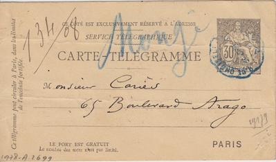Carte-Télégramme de Félicien Rops à Inconnu Cariès. [Paris], 0000/00/00. Paris, Fondation Custodia, 1978/A/2699