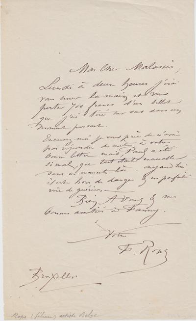 Lettre de Félicien Rops à [Auguste] Poulet-Malassis. Bruxelles, 0000/00/00. Paris, Fondation Custodia, 1990/A/668