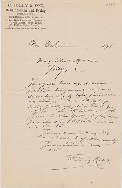 Lettre de Félicien Rops à Inconnu Jolly. s.l., 1888/00/00. Paris, Fondation Custodia, 1990/A/669