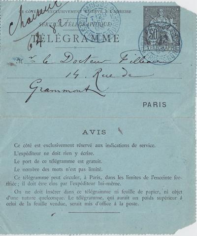 Télégramme de Félicien Rops à Madame Filleau. s.l., 1893/12/29. Paris, Fondation Custodia, 2003/A/1260