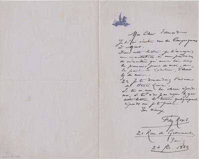 Lettre de Félicien Rops à Edmond [Carlier]. Paris, 1883/02/24. Paris, Fondation Custodia, 2003/A/1271