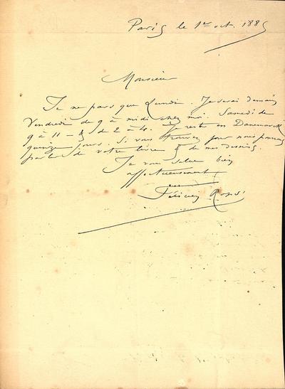 Lettre de Félicien Rops à Inconnu. Paris, 1885/10/01. Paris, Ancienne collection du Musée des lettres et manuscrits, 36836