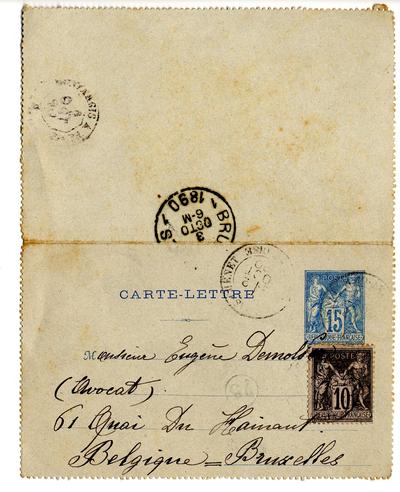 Carte-Lettre de Félicien Rops à [Eugène] [Demolder]. [Bruxelles], 1890/10/02. Paris, Ancienne collection du Musée des lettres et manuscrits, 72039/18