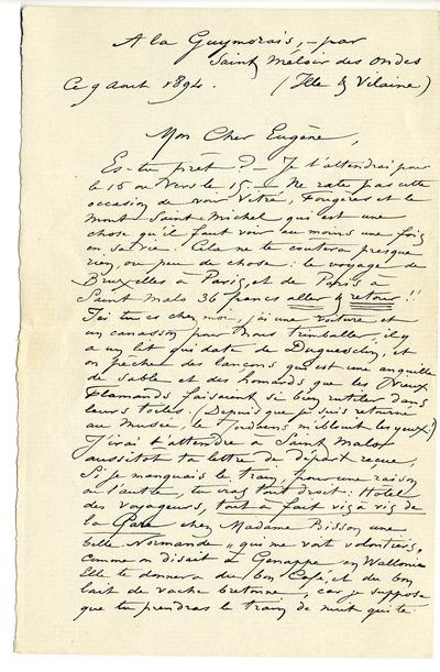 Lettre de Félicien Rops à Eugène [Demolder]. Saint-Méloir-des-Ondes, 1894/08/09. Paris, Ancienne collection du Musée des lettres et manuscrits, 72039/30