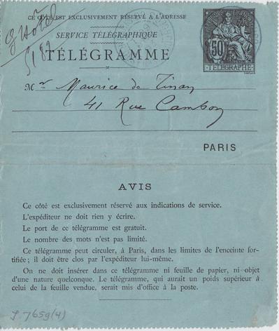 Télégramme de Félicien Rops à Maurice de Tinan. Paris, 1893/11/29. Paris, Fondation Custodia, 7659/4/2
