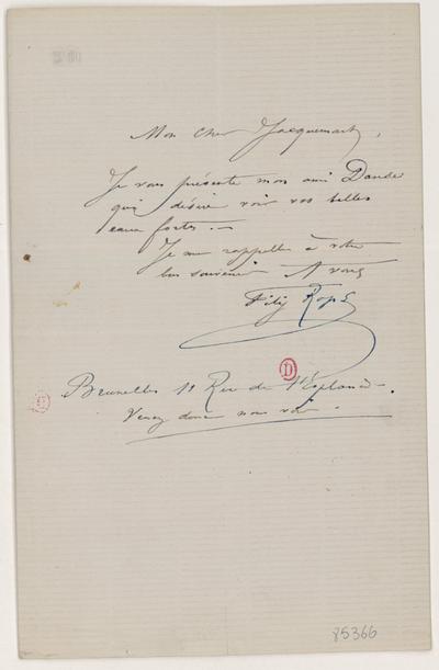 Lettre de Félicien Rops à [Jules] Jacquemart. Bruxelles, 0000/00/00. Paris, Bibliothèque de l'Institut national d'histoire de l'art, 85366