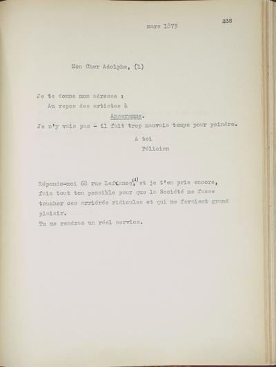 Copie non autographe réalisée par Lefebvre - Kunel de Félicien Rops à Adolphe [Wesmael]. s.l., 1875/03/00. Bruxelles, Musées Royaux des Beaux-Arts de Belgique, 8807/t1/p238
