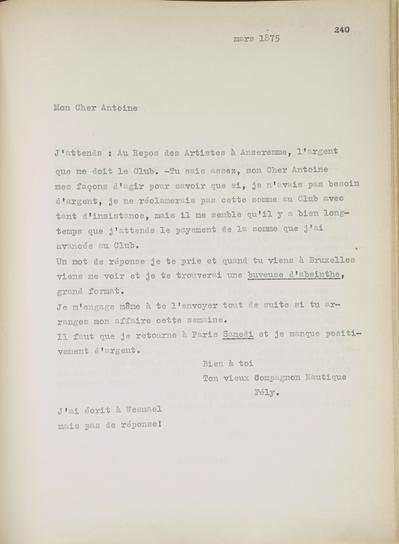 Copie non autographe réalisée par Lefebvre - Kunel de Félicien Rops à Antoine [Marlaire]. s.l., 1875/03/00. Bruxelles, Musées Royaux des Beaux-Arts de Belgique, 8807/t1/p240