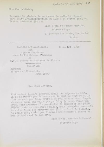 Copie non autographe réalisée par Lefebvre - Kunel de Félicien Rops à Antoine [Marlaire]. Paris, 1875/03/13. Bruxelles, Musées Royaux des Beaux-Arts de Belgique, 8807/t1/p247/1