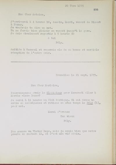Copie non autographe réalisée par Lefebvre - Kunel de Félicien Rops à Antoine [Marlaire]. s.l., 1875/09/20. Bruxelles, Musées Royaux des Beaux-Arts de Belgique, 8807/t1/p255/1