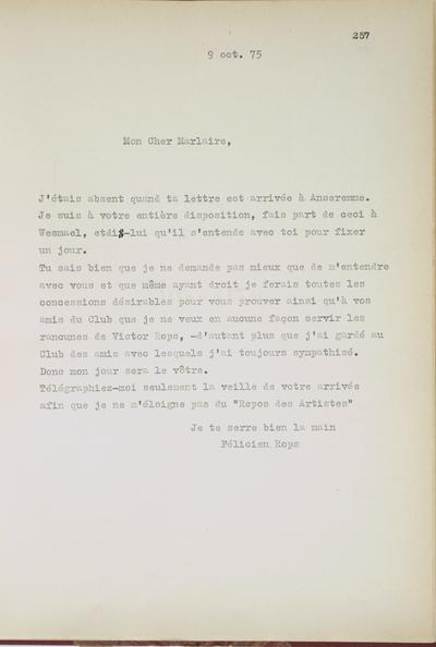 Copie non autographe réalisée par Lefebvre - Kunel de Félicien Rops à [Antoine] Marlaire. [Anseremme], 1875/10/09. Bruxelles, Musées Royaux des Beaux-Arts de Belgique, 8807/t1/p257