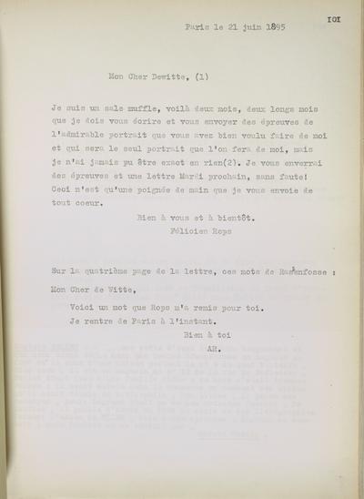 Copie non autographe réalisée par Lefebvre - Kunel de Félicien Rops à [Adrien] de Witte. Paris, 1895/06/21. Bruxelles, Musées Royaux des Beaux-Arts de Belgique, 8808/t2/p101