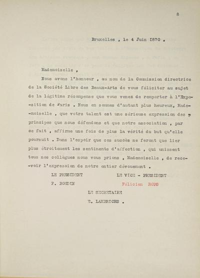 Copie non autographe réalisée par Lefebvre - Kunel de Félicien Rops (Commission directrice de la Société Libre des Beaux-Arts ) à [Marie] [Collart]. Bruxelles, 1870/06/04. Bruxelles, Musées Royaux des Beaux-Arts de Belgique, 8808/t2/p8