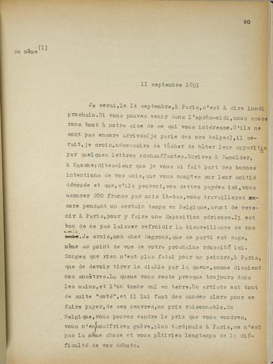 Copie non autographe réalisée par Lefebvre - Kunel de Félicien Rops à [Henri] [Degroux]. Paris, 1891/09/11. Bruxelles, Musées Royaux des Beaux-Arts de Belgique, 8808/t2/p90 et 8808/t2/p91