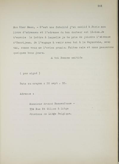 Copie non autographe réalisée par Lefebvre - Kunel de Félicien Rops à [Armand] Rassenfosse. s.l., 1895/09/10. Bruxelles, 8810/t4/p161