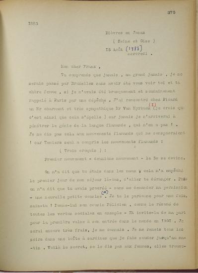 Copie non autographe réalisée par Lefebvre - Kunel de Félicien Rops à [Jean-François?] [Taelemans?]. Bièvres, 1883/08/15. Bruxelles, Musées Royaux des Beaux-Arts de Belgique, 8810/t4/p275 et 8810/t4/p276