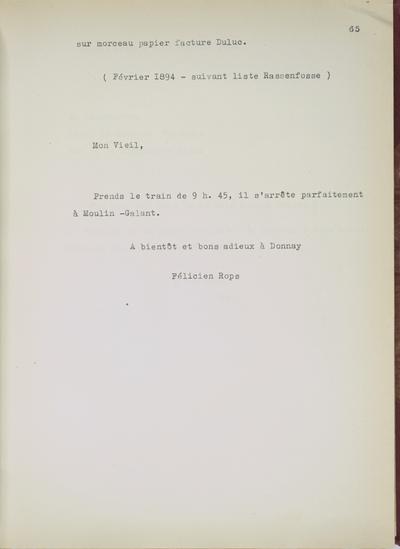 Copie non autographe réalisée par Lefebvre - Kunel de Félicien Rops à [Armand] [Rassenfosse]. s.l., 1894/02/00. Bruxelles, Musées Royaux des Beaux-Arts de Belgique, 8810/t4/p65
