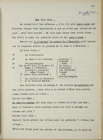 Copie non autographe réalisée par Lefebvre - Kunel de Félicien Rops à Théo [Hannon]. [Paris], 1881/04/00. Bruxelles, Musées Royaux des Beaux-Arts de Belgique, 8811/t5/p110, 8811/t5/p111 et 8811/t5/p112