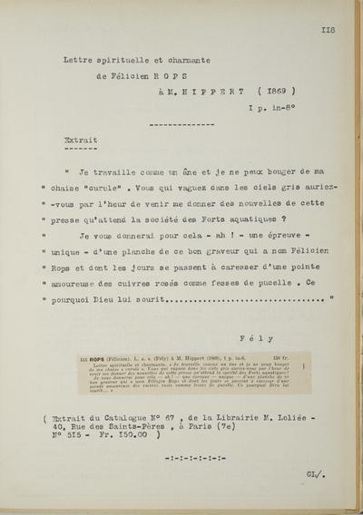 Copie non autographe d'un fragment réalisée par Lefebvre - Kunel de Félicien Rops à [Théo] [Hippert]. s.l., 0000/00/00. Bruxelles, Musées Royaux des Beaux-Arts de Belgique, 8811/t5/p118