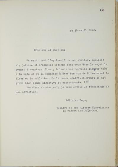 Copie non autographe réalisée par Lefebvre - Kunel de Félicien Rops à Inconnu. s.l., 1872/04/30. Bruxelles, Musées Royaux des Beaux-Arts de Belgique, 8811/t5/p148